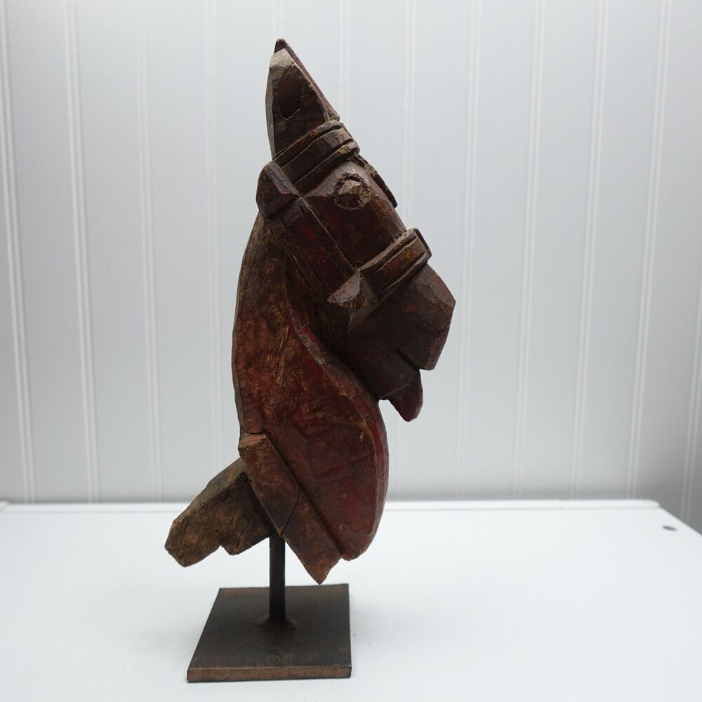 Antique Hand Carved Wooden Horse Head Sculpture Folk Art Primitive Red